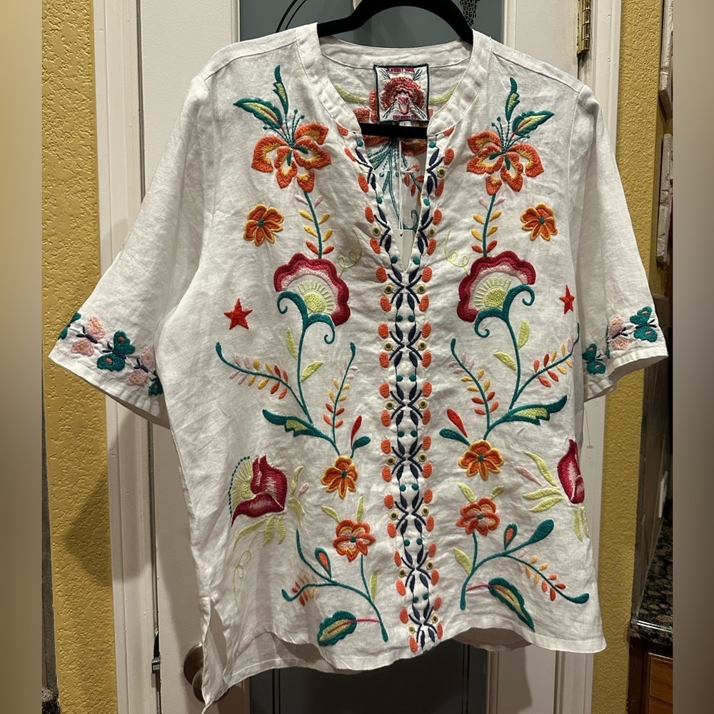 Johnny Was Floral Embroidered White Tunic 100% linen size L - Picture 5 of 8